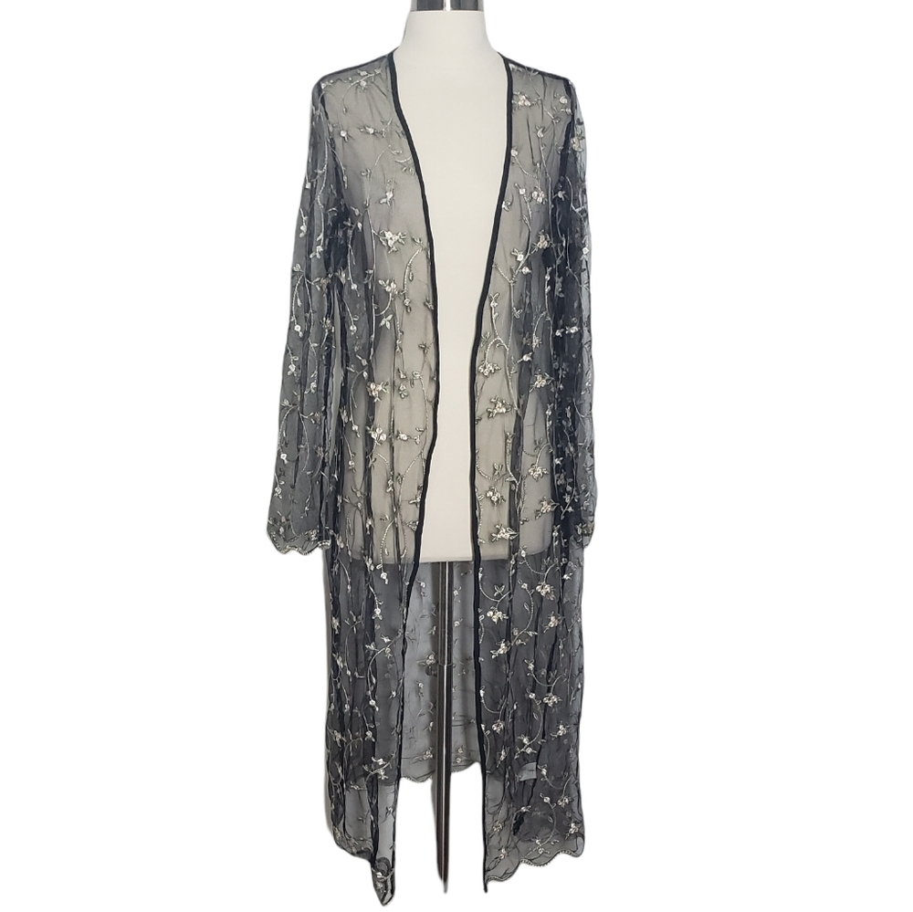 BOOHOO Floral Embroidered Black Mesh Fairy WhimsyGoth Kimono - Picture 4 of 12